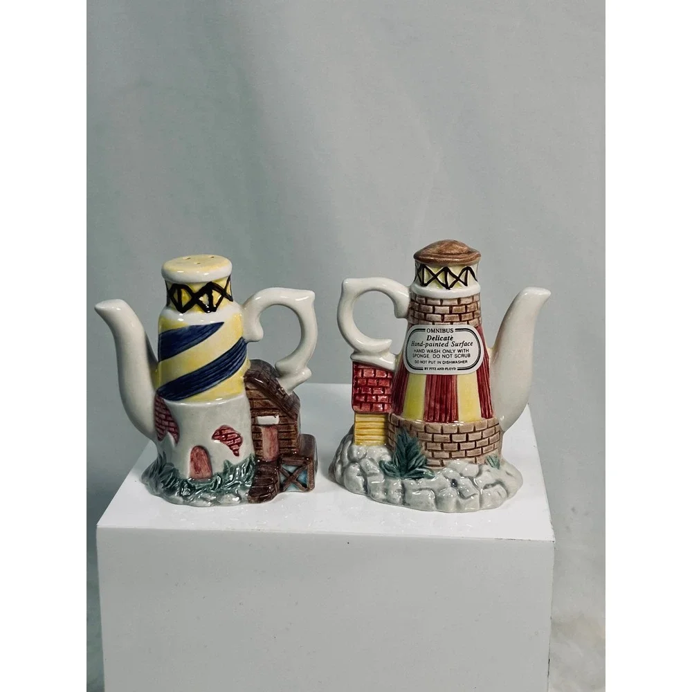 Fitz and Floyd Omnibus Lighthouse Teapot Salt and Pepper Shaker Set Vintage 1989